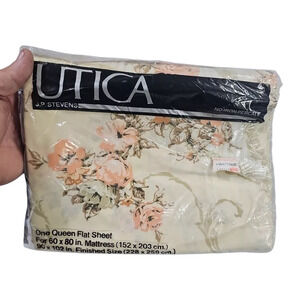 Vintage Utica Stevens No-Iron Percalr Queen Flat Sheet Floral NEW